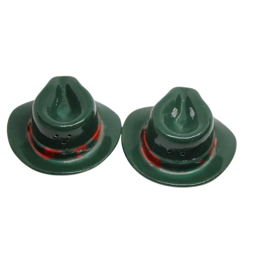 Vintage Green Fedora Hat Salt &‎ Pepper Shakers Retro Style Set of 2